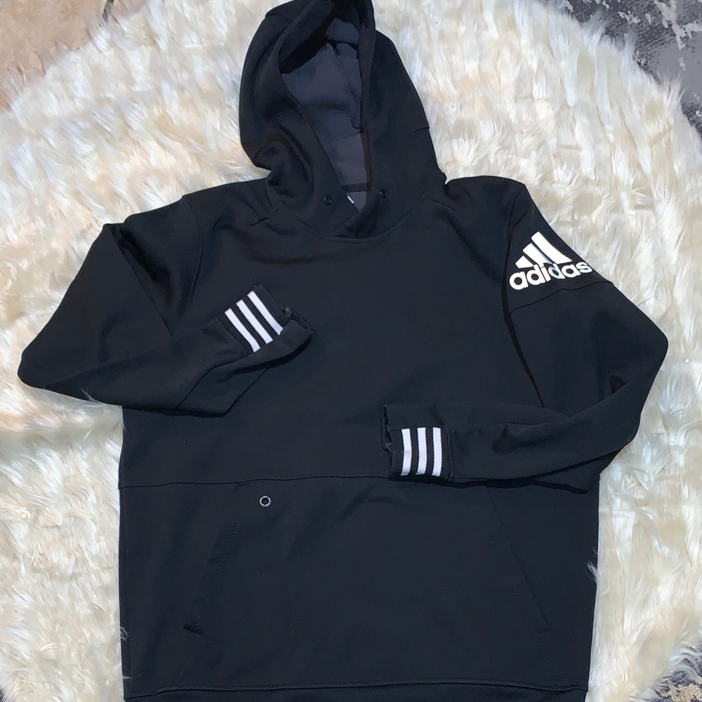 adidas Men’s Black Hoodie Sweatshirt with White Logo & Stripes